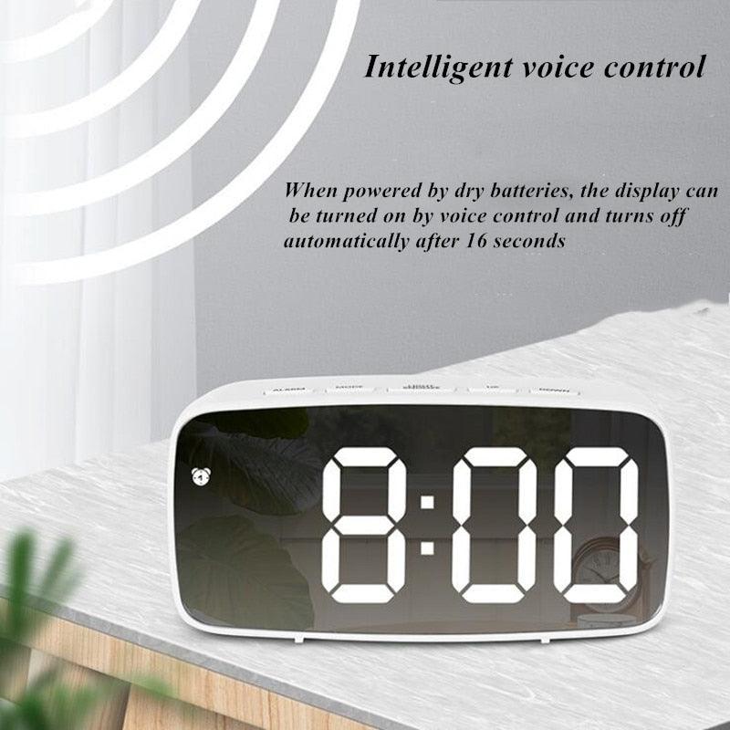 White acrylic mirror LED bedside clock with digital display, dual alarms, voice control on Tampa Home & Garden Store