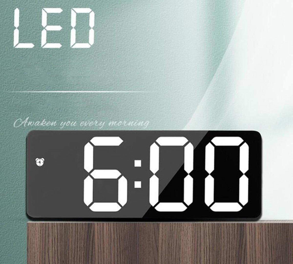 Stevvex acrylic/mirror LED alarm clock with large digital display for bedside use on Tampa Home & Garden Store