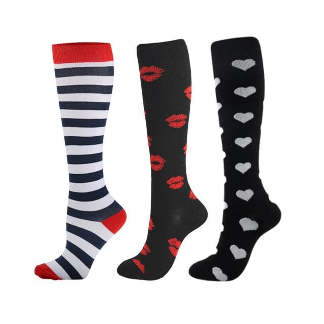 Compression socks Stevvex athletic trio knee-high striped navy, lip-print, heart-print on Tampa Home & Garden Store