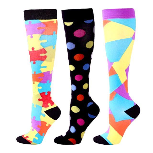 Stevvex compression socks set of 3 knee-high with puzzle-print, polka-dot, geometric patterns on Tampa Home & Garden Store