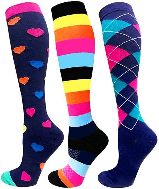 Stevvex 3-pack athletic compression socks ST12240AYL; heart navy, neon stripes, blue argyle on Tampa Home & Garden Store