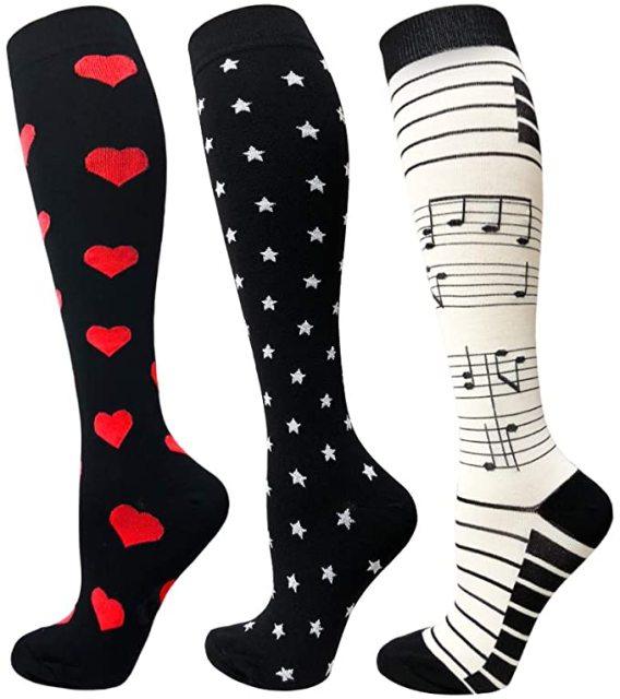 Stevvex athletic compression socks trio: hearts, stars, musical-note knee-highs for running on Tampa Home & Garden Store