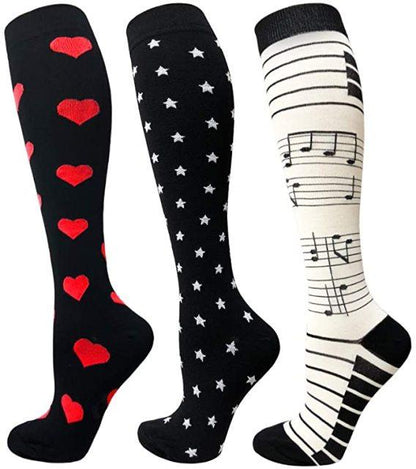 Stevvex athletic compression socks trio: hearts, stars, musical-note knee-highs for running on Tampa Home & Garden Store