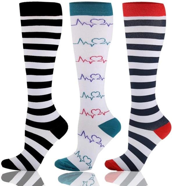 Stevvex compression socks 3-pack: black/white stripes, teal accents, navy on Tampa Home & Garden Store