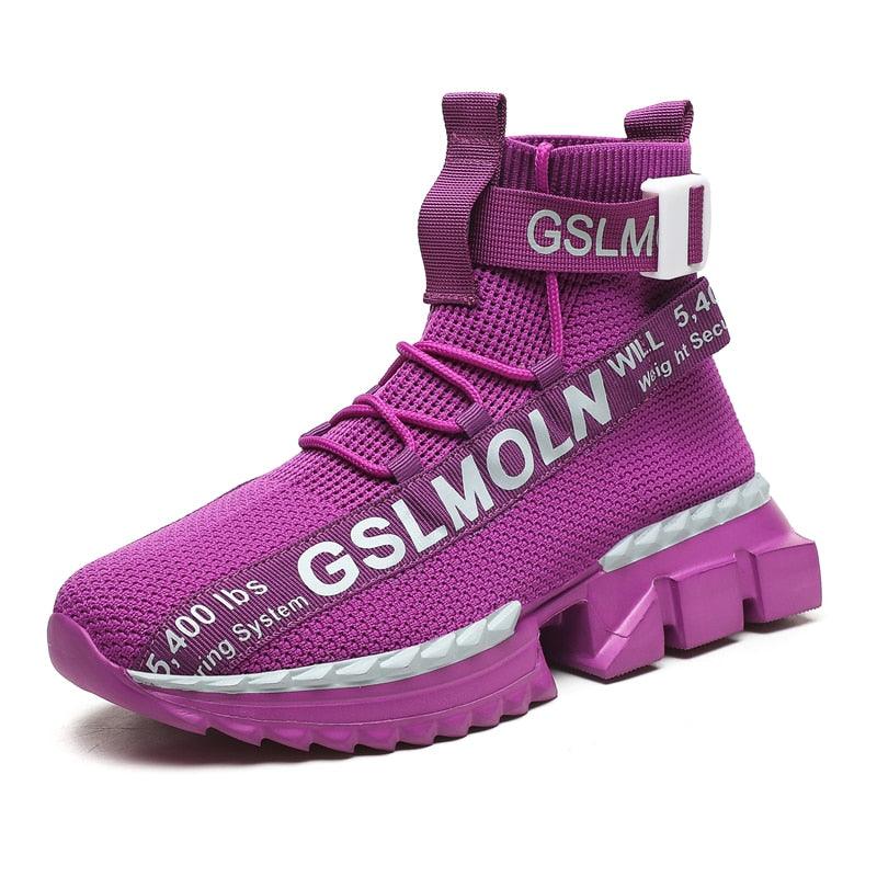 Stevvex high-top knitted sock sneakers in purple with white buckle strap and chunky platform sole on Tampa Home & Garden Store