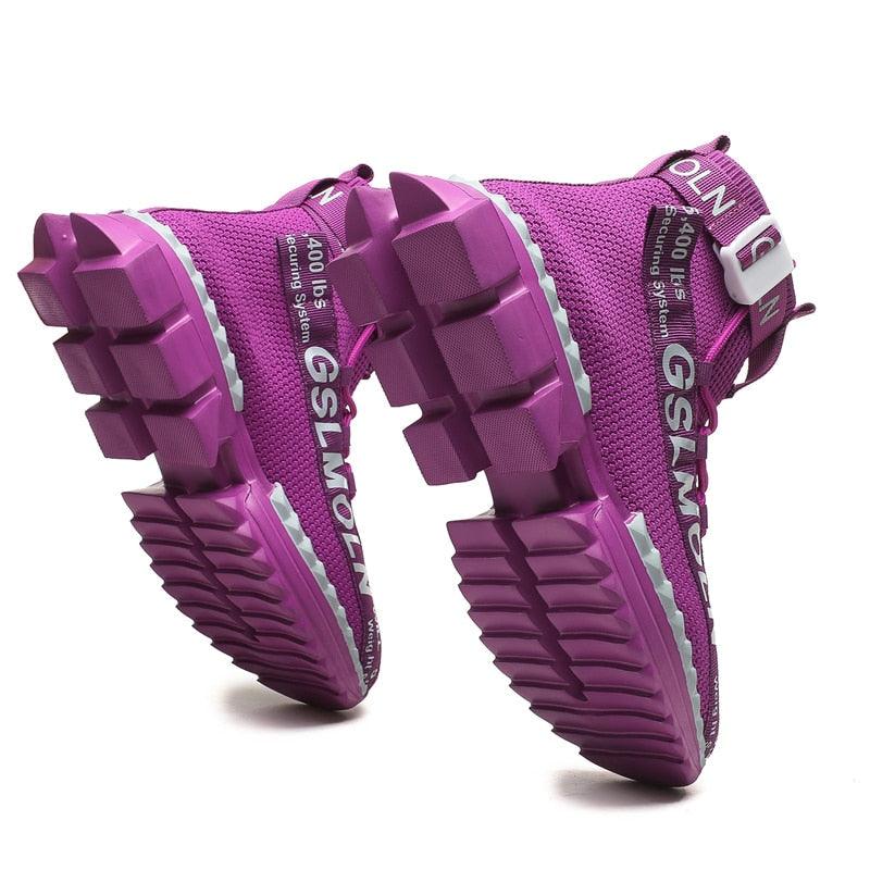 Stevvex men's purple high top woven sock sneakers with chunky square outsole casual shoes on Tampa Home & Garden Store