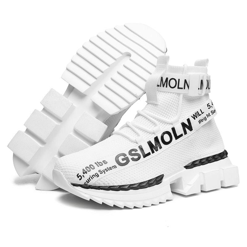 White knit high-top sneakers with ankle strap and chunky segmented sole on Tampa Home & Garden Store