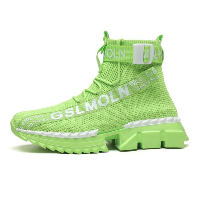 Knitted high-top sneaker Stevvex lime green with sock-fit, ankle strap and chunky ridged sole on Tampa Home & Garden Store