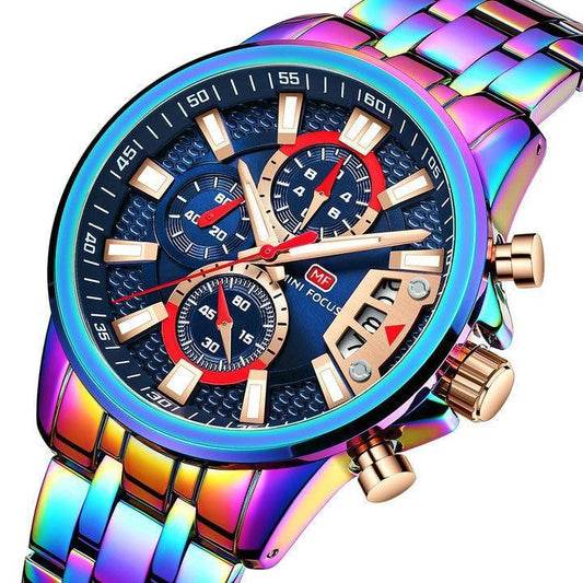 Stevvex sport luxury mens watch with rainbow steel band and blue dial on Tampa Home & Garden Store