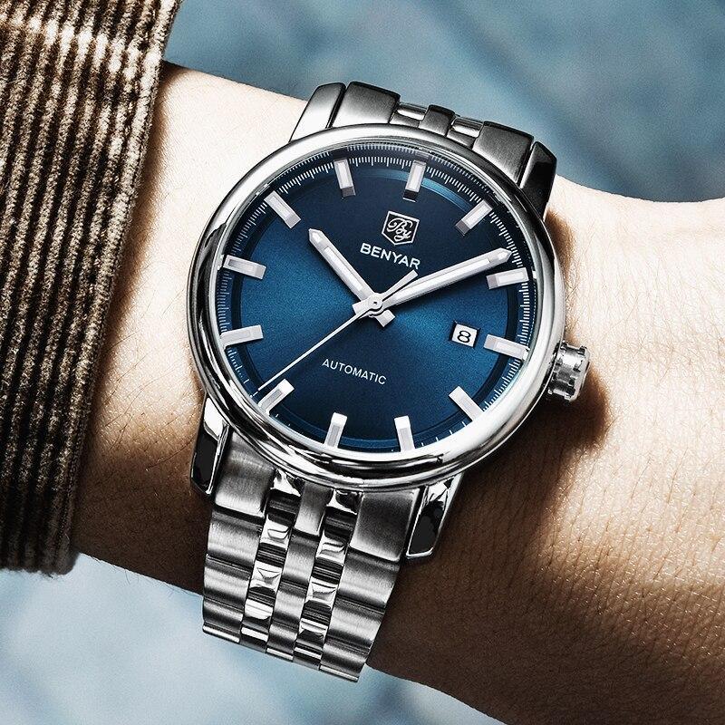 Men's stainless steel analog wristwatch with blue dial, date window, automatic Benyar on Tampa Home & Garden Store