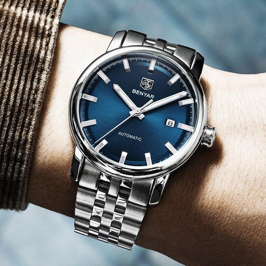 Men's stainless steel analog wristwatch with blue dial, date window, automatic Benyar on Tampa Home & Garden Store