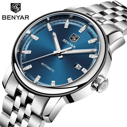 Benyar stainless steel men's wristwatch with blue dial and date window on Tampa Home & Garden Store