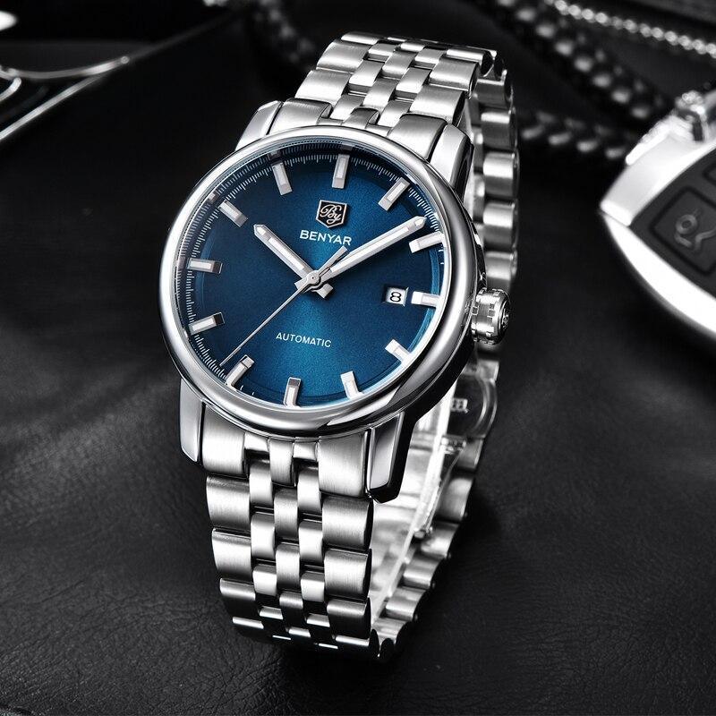 Men's stainless steel watch BENYAR with blue dial, automatic, date window, metal bracelet on Tampa Home & Garden Store
