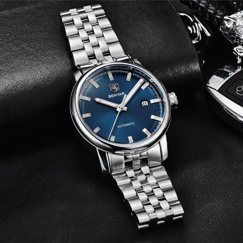 Men's automatic stainless steel watch with blue dial, date window, and link bracelet Benyar on Tampa Home & Garden Store