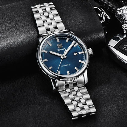 Men's automatic stainless steel watch with blue dial, date window, and link bracelet Benyar on Tampa Home & Garden Store