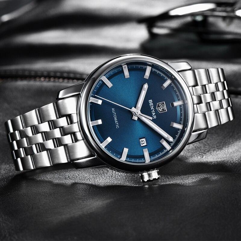 Benyar men's stainless steel analog watch with blue dial, automatic movement, date window on Tampa Home & Garden Store