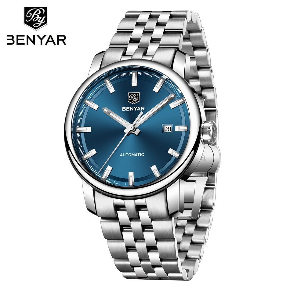 Benyar stainless steel wristwatch with blue dial, automatic movement, date window on Tampa Home & Garden Store