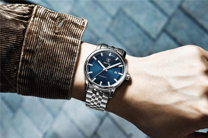 Stevvex ST822LUGNI44 men's stainless steel analog watch with blue dial on wrist on Tampa Home & Garden Store
