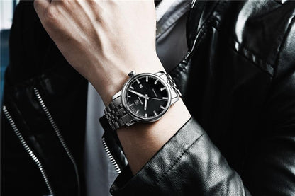 Stevvex stainless steel men's analog watch with black dial, date window, silver bracelet on Tampa Home & Garden Store
