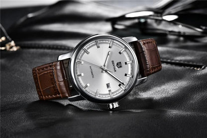 Analog men's wristwatch with brown leather strap, silver dial and BENYAR logo on Tampa Home & Garden Store
