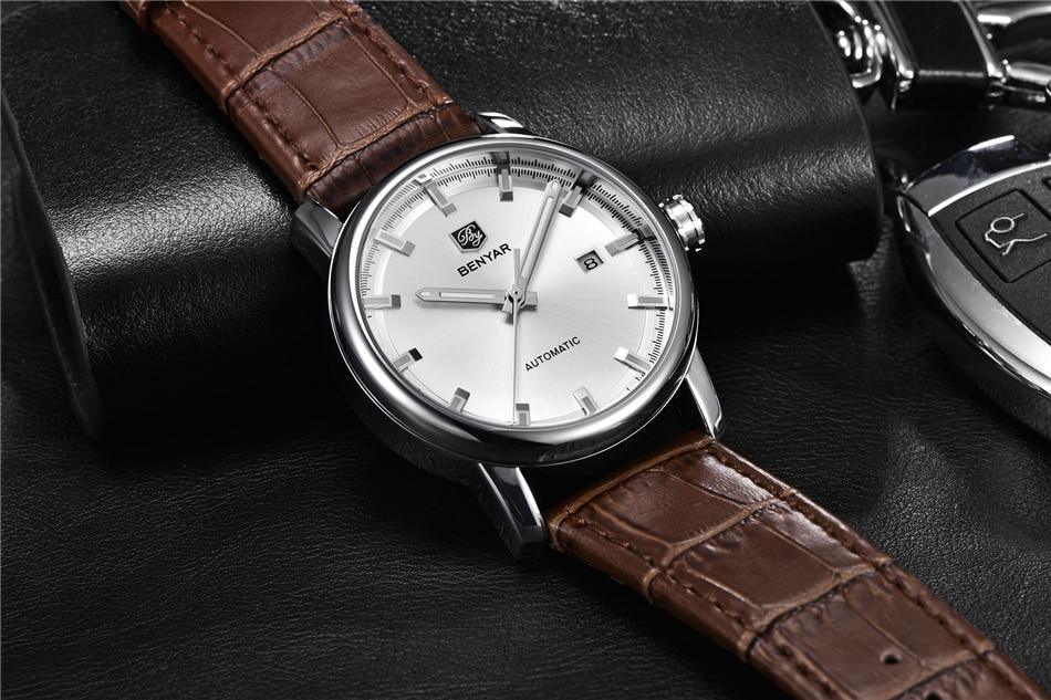Men's automatic wristwatch with brown leather strap, silver dial and stainless steel case on Tampa Home & Garden Store