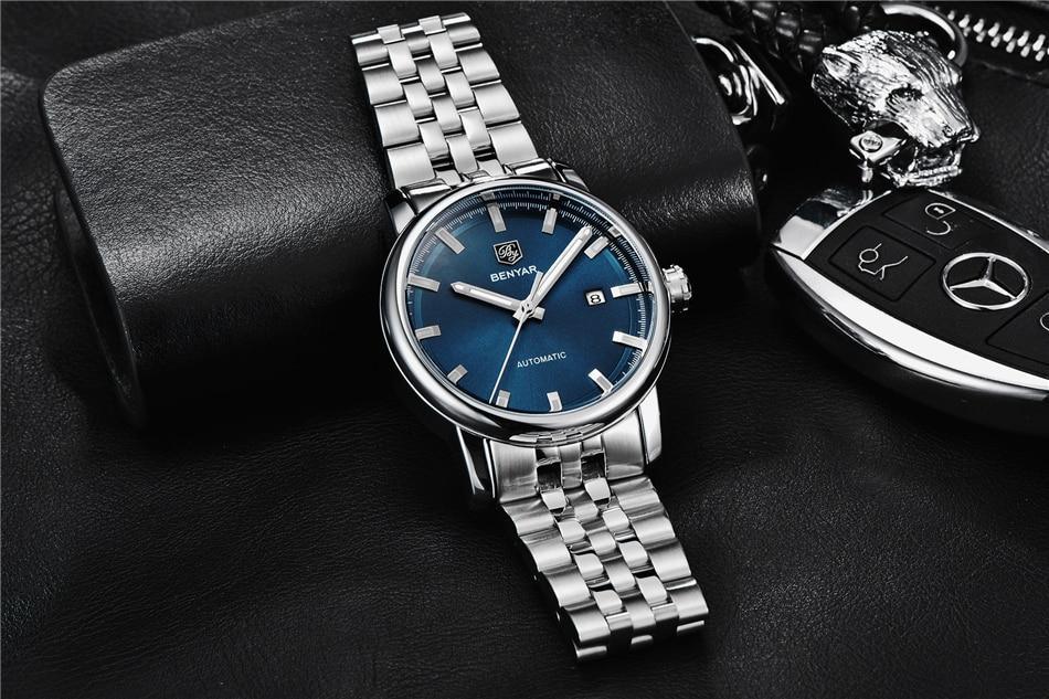 Stevvex men's stainless steel automatic wristwatch with blue dial and steel bracelet on Tampa Home & Garden Store