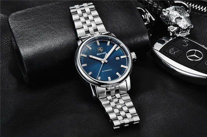 Stevvex men's stainless steel automatic wristwatch with blue dial and steel bracelet on Tampa Home & Garden Store