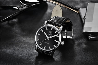 BENYAR ST822LUGNI44 men's leather-strap analog watch with black dial, silver case, date window on Tampa Home & Garden Store