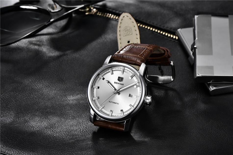 Benyar men's leather strap automatic watch with silver dial and brown band on Tampa Home & Garden Store