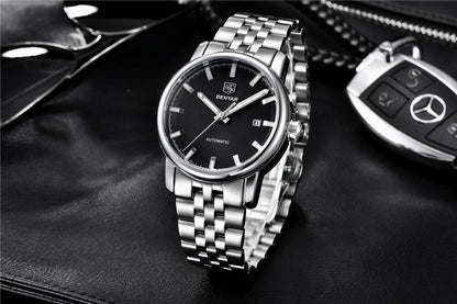 Stevvex ST822LUGNI44 men's stainless steel automatic watch with black dial and silver bracelet on Tampa Home & Garden Store