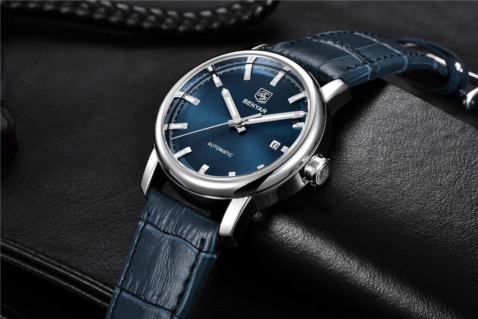 Men's luxury analog watch with blue dial, stainless steel case, blue leather strap BENYAR on Tampa Home & Garden Store