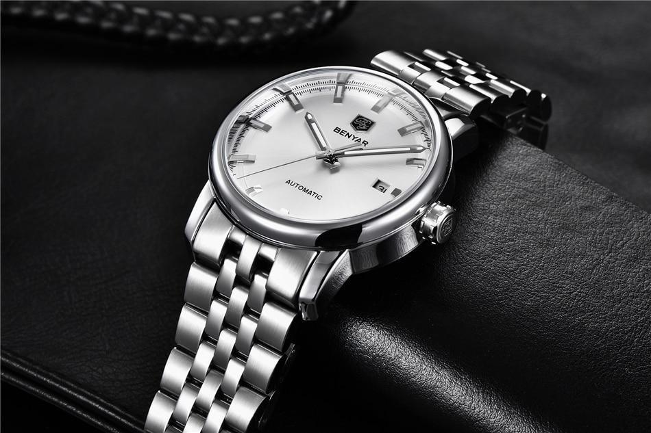 BENYAR automatic stainless steel wristwatch with silver dial, men's casual analog on Tampa Home & Garden Store
