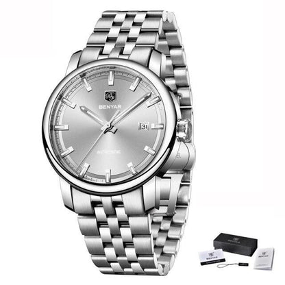 Stainless steel men's wristwatch with silver dial, date display, linked bracelet Benyar logo on Tampa Home & Garden Store