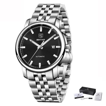 Stainless steel men's wristwatch with black dial, date window, automatic, Benyar logo on dial on Tampa Home & Garden Store