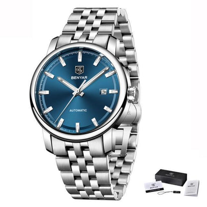Men's stainless steel watch with blue dial, automatic, date, BENYAR ST822LUGNI44 on Tampa Home & Garden Store