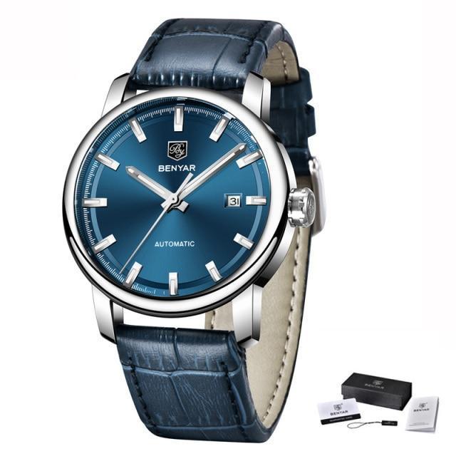 Men's blue dial automatic wristwatch with stainless steel case and blue leather strap BENYAR on Tampa Home & Garden Store