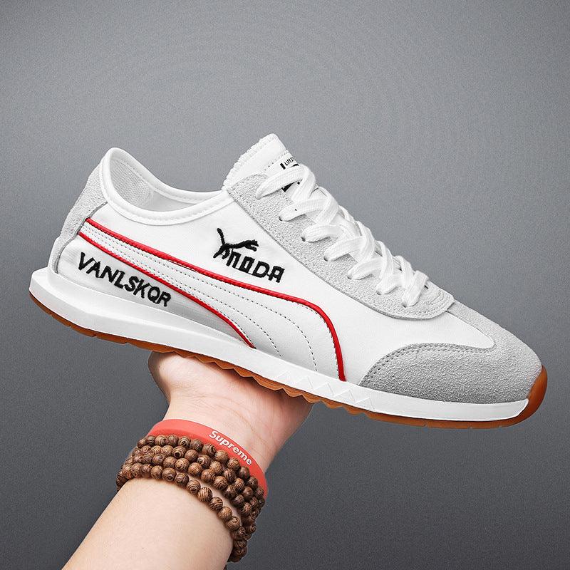 Stevvex men's white gray sneakers with red stripe, lace-up, VANLSKOR logo, gum sole on Tampa Home & Garden Store