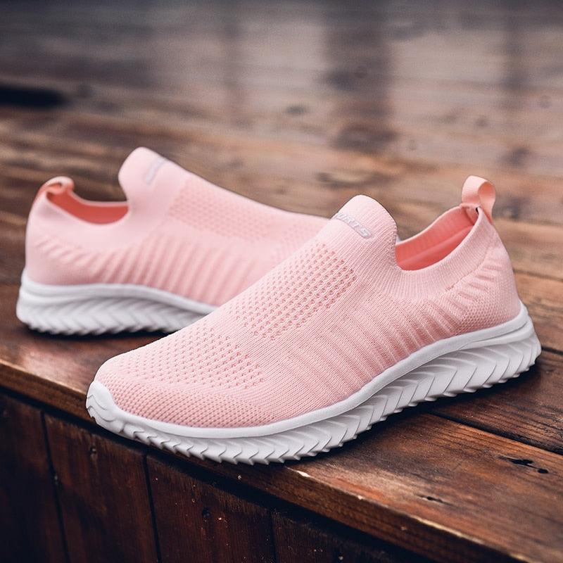 Stevvex pink knit slip-on sneakers pair with white non-slip sole for casual outdoor walking on Tampa Home & Garden Store