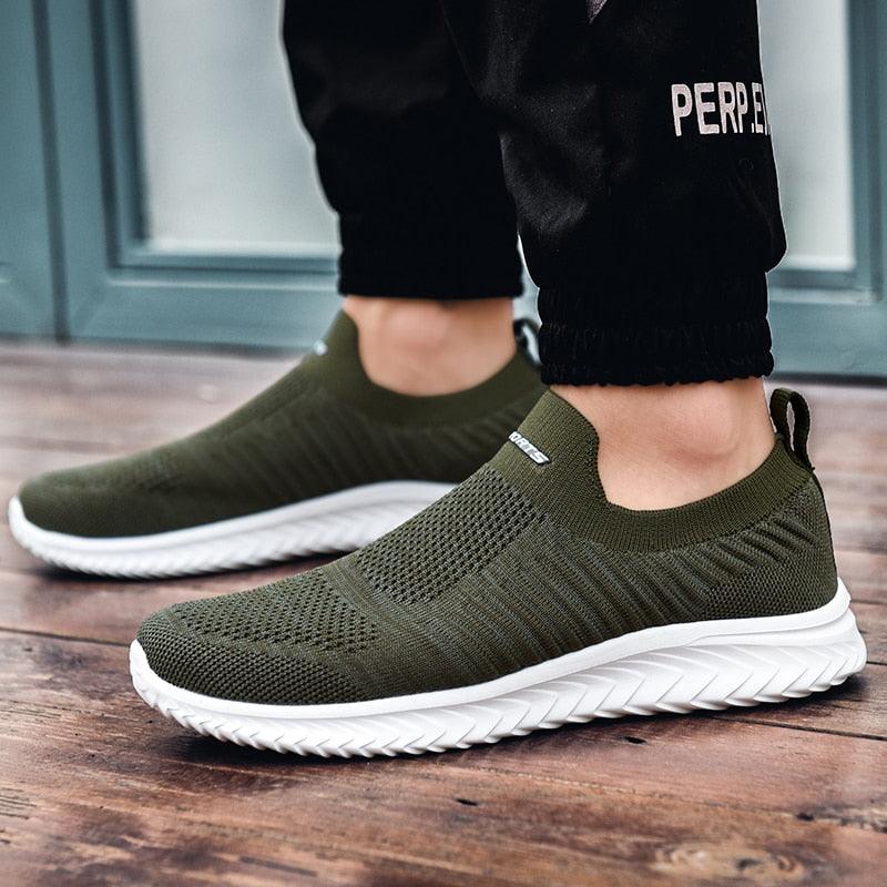 Stevvex olive green knit slip-on sneakers with white cushioned sole for outdoor walking on Tampa Home & Garden Store