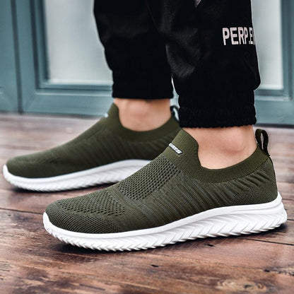 Stevvex olive green knit slip-on sneakers with white cushioned sole for outdoor walking on Tampa Home & Garden Store