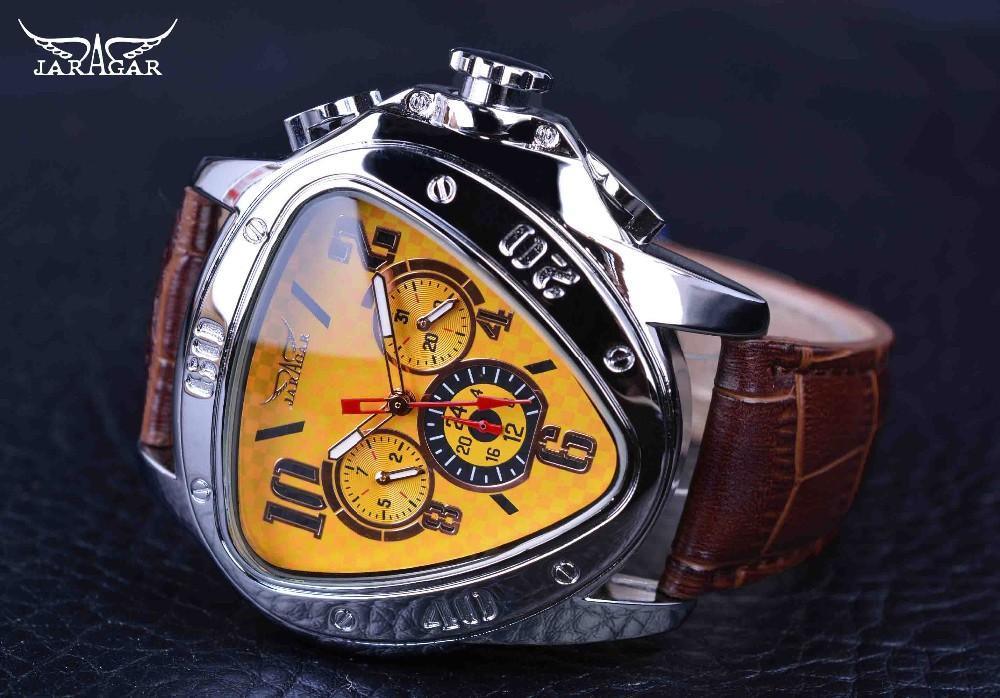 Stevvex ST464KLEMUB2 triangle mens watch with yellow dial, 3 subdials, brown leather strap on Tampa Home & Garden Store
