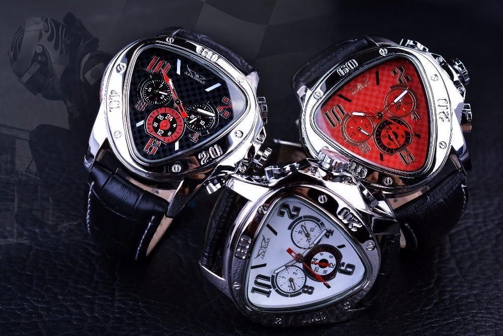 Elegant Sport Triangle Watch set Stevvex ST464KLEMUB2, 3pc black red white dials leather straps on Tampa Home & Garden Store