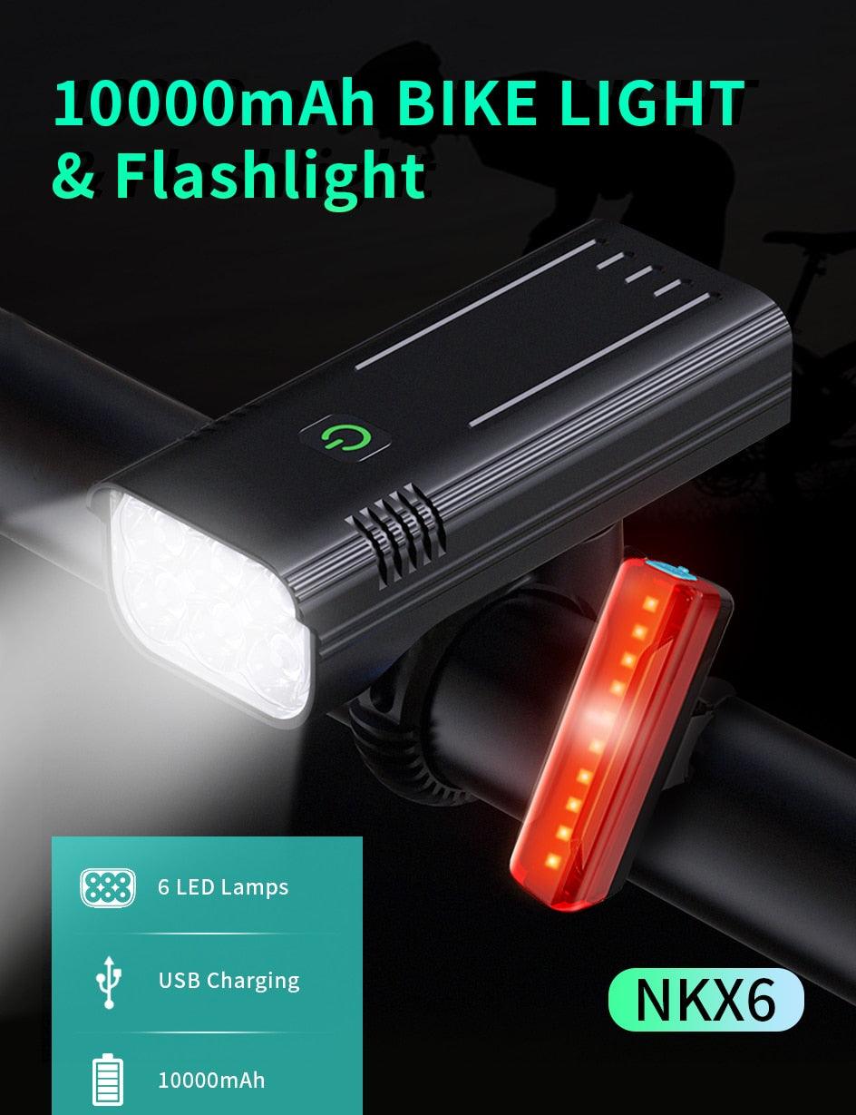 Stevvex waterproof LED bike light and USB flashlight, black with 6 LEDs and red rear light on handlebars on Tampa Home & Garden Store