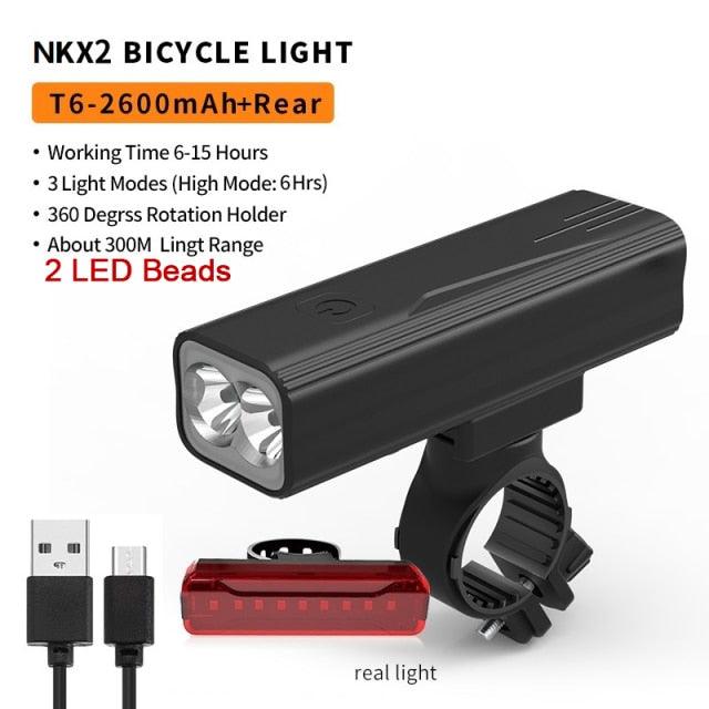 Stevvex waterproof LED bike light with USB, black headlamp, 2 LED beams, red rear light on Tampa Home & Garden Store