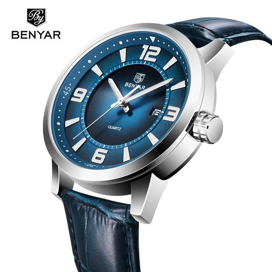 Benyar men's quartz sport luxury watch with blue dial and blue leather strap on Tampa Home & Garden Store