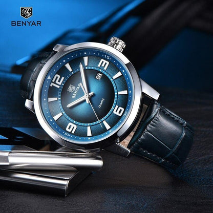 Men's Benyar luxury quartz blue watch with black leather strap and silver case on Tampa Home & Garden Store