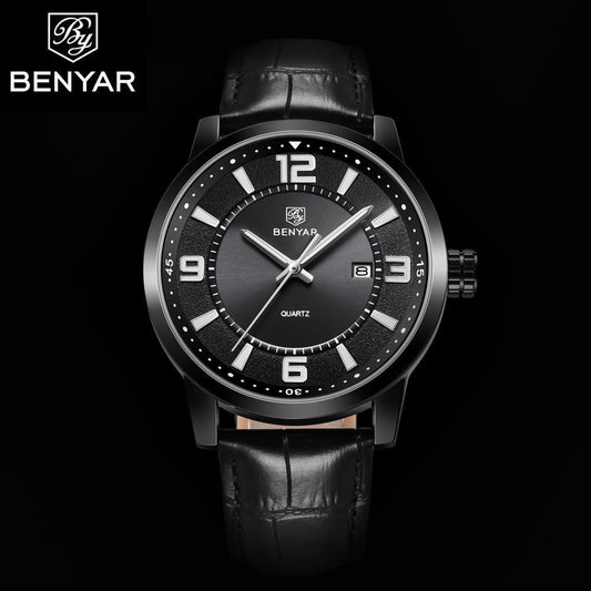 Benyar men's quartz sport watch with black dial and black leather strap date window on Tampa Home & Garden Store