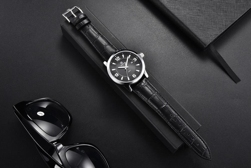 Stevvex men's quartz luxury watch with black leather strap and silver case on black dial on Tampa Home & Garden Store
