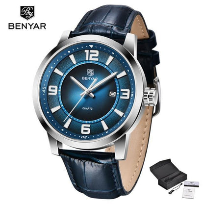 Stevvex men's blue dial quartz watch with leather strap and steel case BENYAR logo on Tampa Home & Garden Store