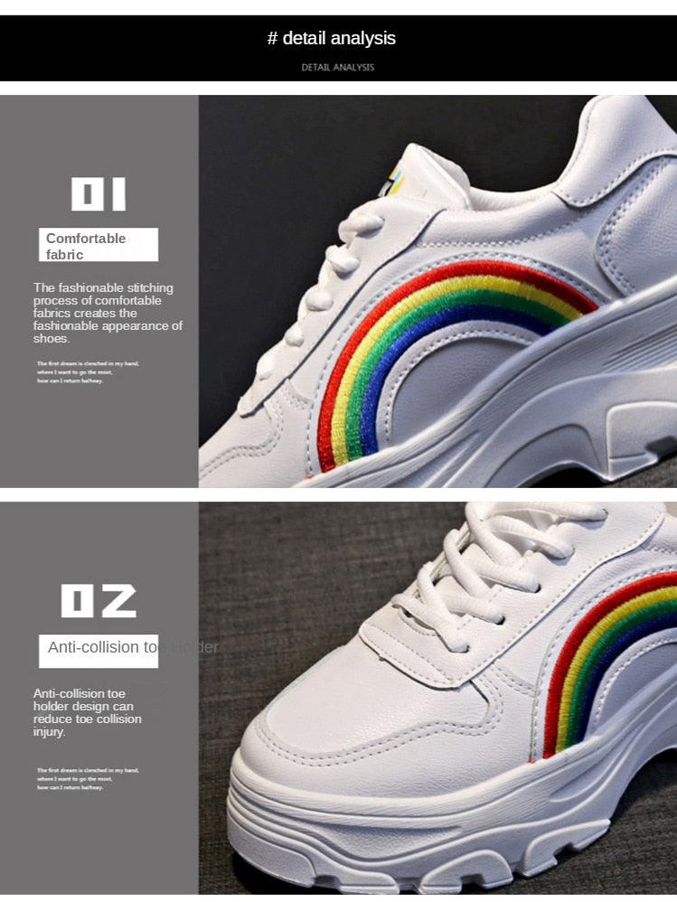 Casual white sneakers with rainbow arch detail, lace-up front, chunky platform sole for comfort on Tampa Home & Garden Store
